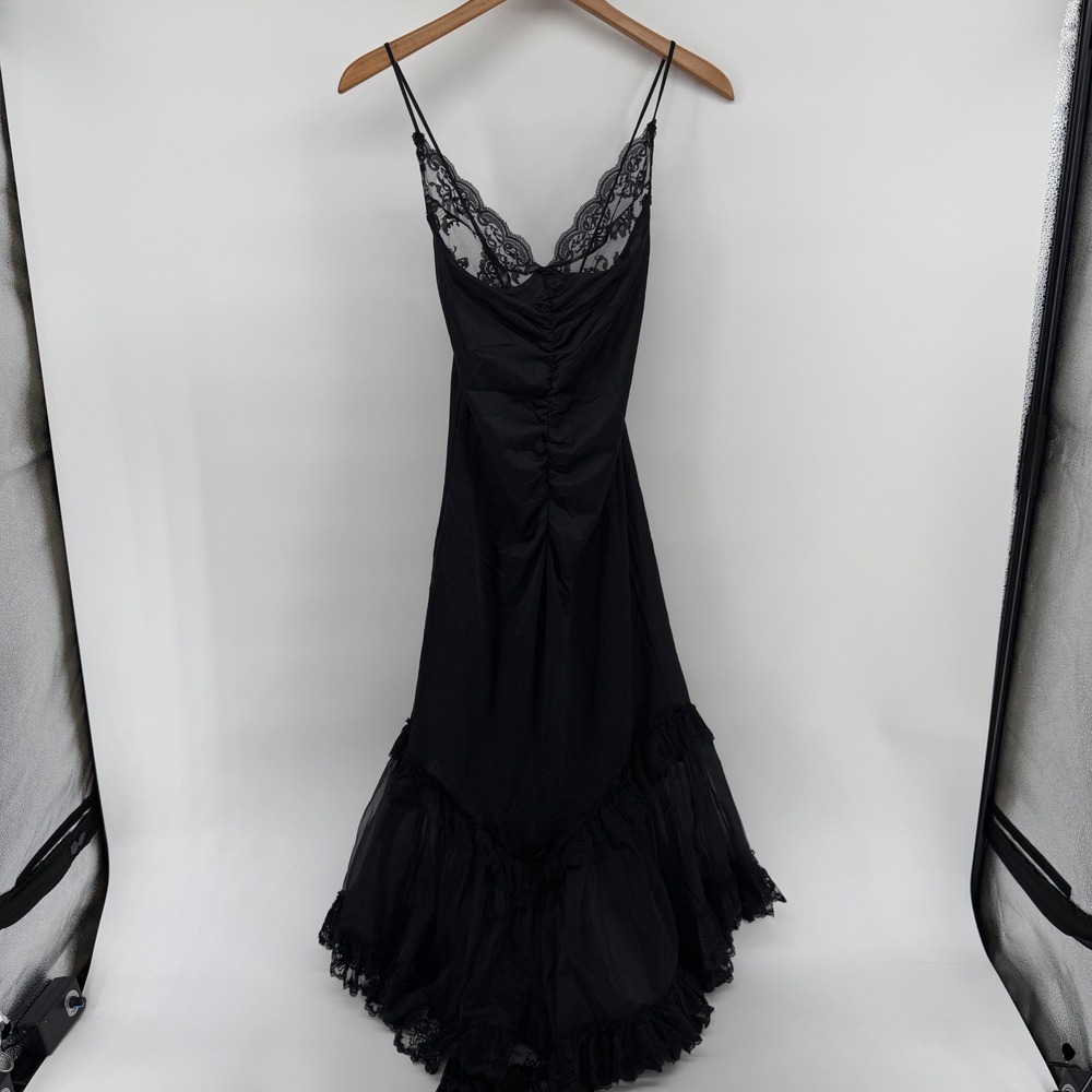 Vintage Black Lace Ruched Slip Dress Mermaid Ruffle Hem Sheer Mesh Maxi